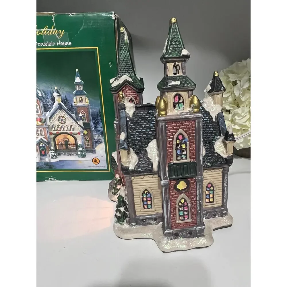 Holiday‎ Lighted Porcelain House Church Singing Choir Original Box Pre-owned